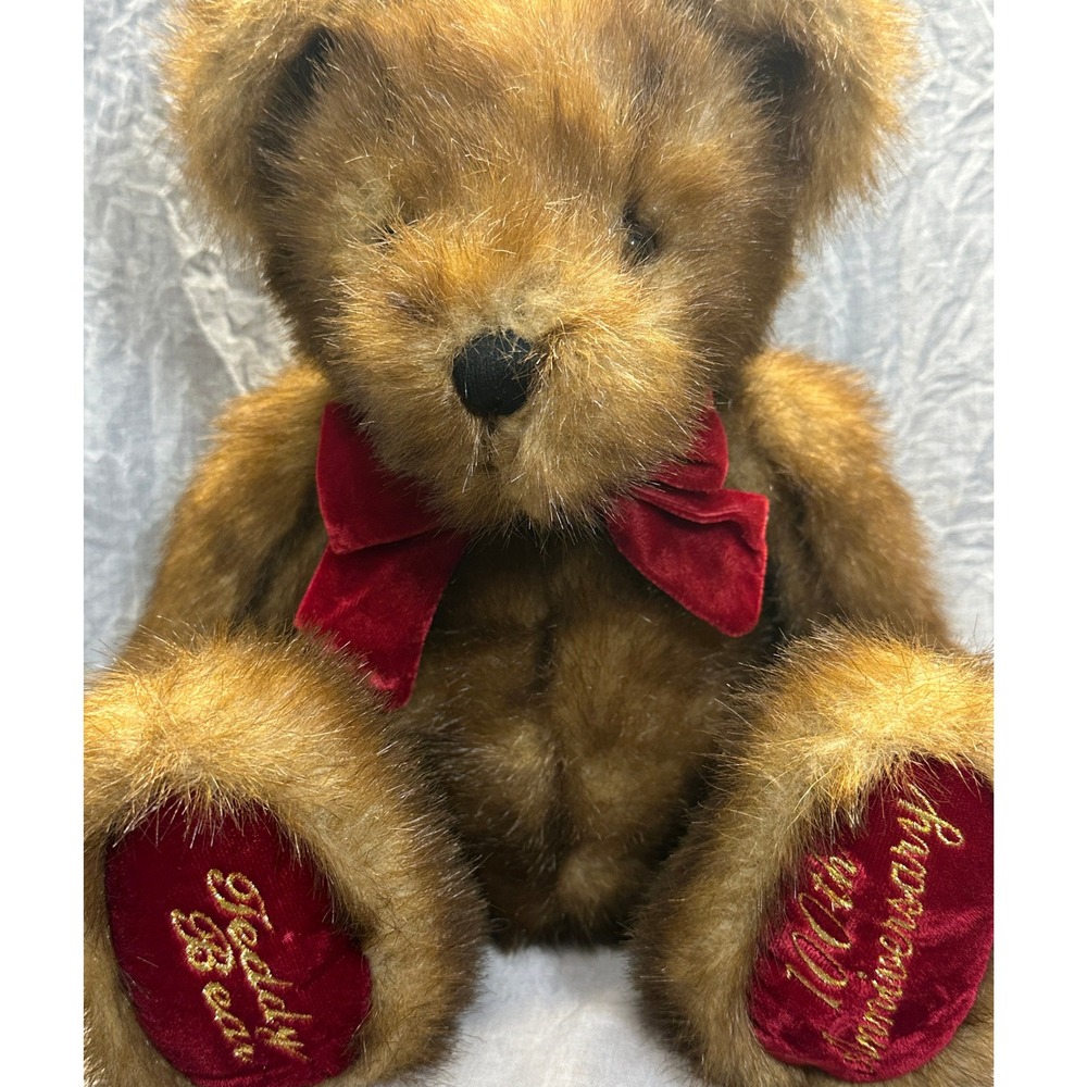 100th Anniversary Teddy Bear Plush Brown Faux Fur Red Velvet Bow Gold Embroidery